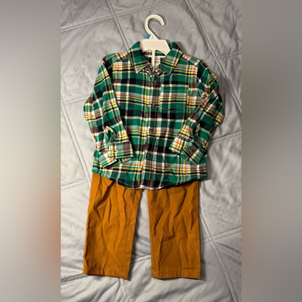 Carter's Green and Yellow Plaid Flannel and Tan Pants